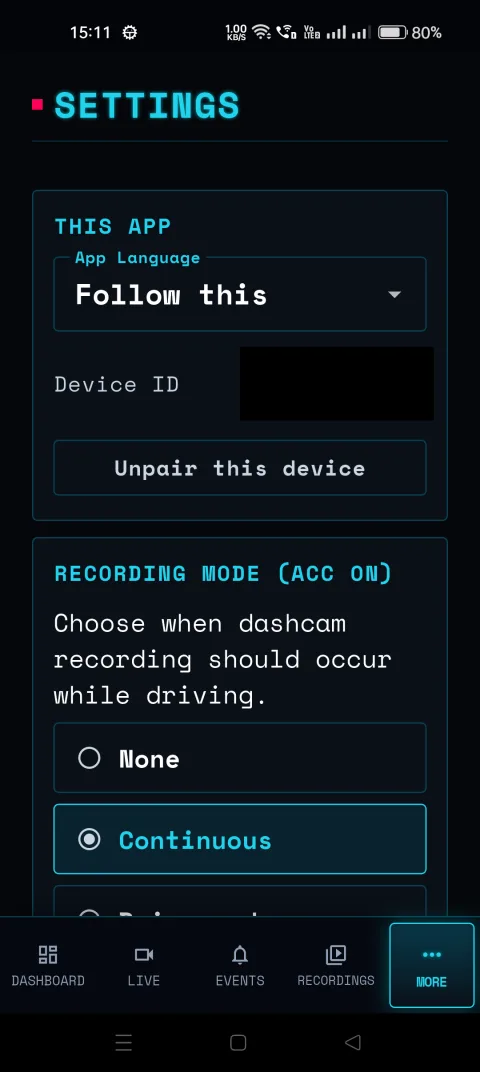 BladeWatch companion app settings including unpair for a BYD car